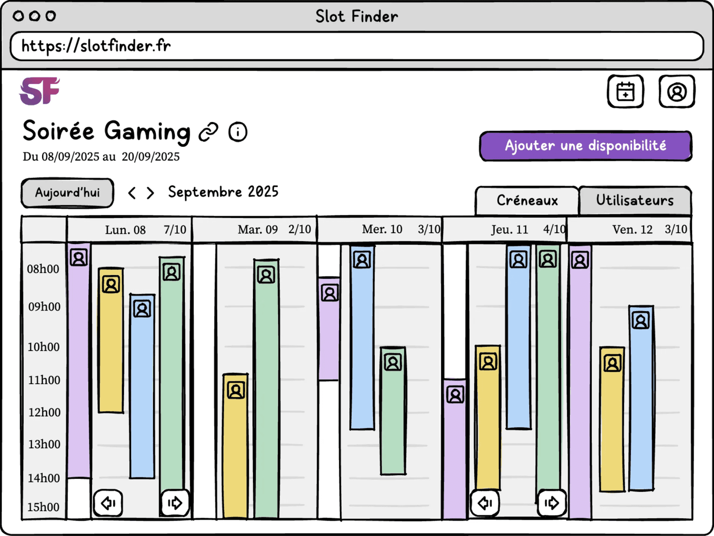 Interface de Slot Finder : un calendrier interactif affichant les disponibilités de chacun
